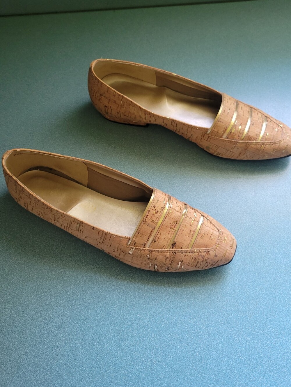 Women's Cork-Textured Loafer Flats in Tan with Gold Stripes